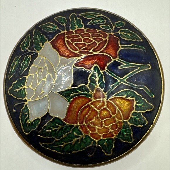 VTG Enameled Brass Bowl Trinket  Box Floral Design, red Orange White Green Blue - Picture 1 of 4